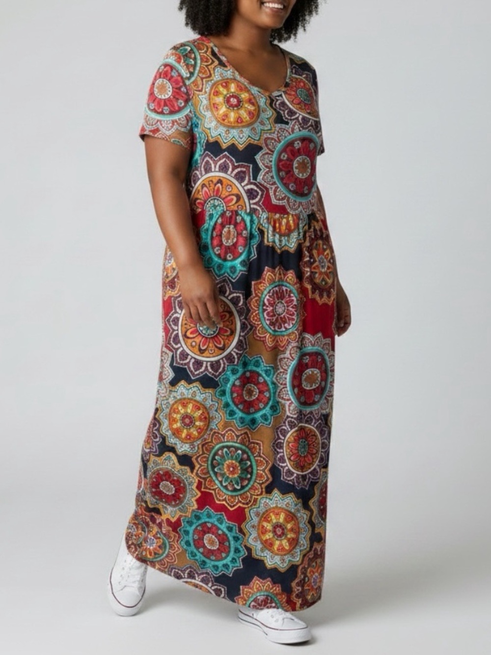 BOHO Plus Size Multicolor Medallion Print Maxi Dress - V-Neck Women’s Size XXL - Picture 3 of 10